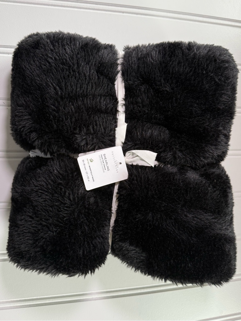 Pottery Barn Faux Fur Shearling Throw Blanket Black 50" x 60" NEW